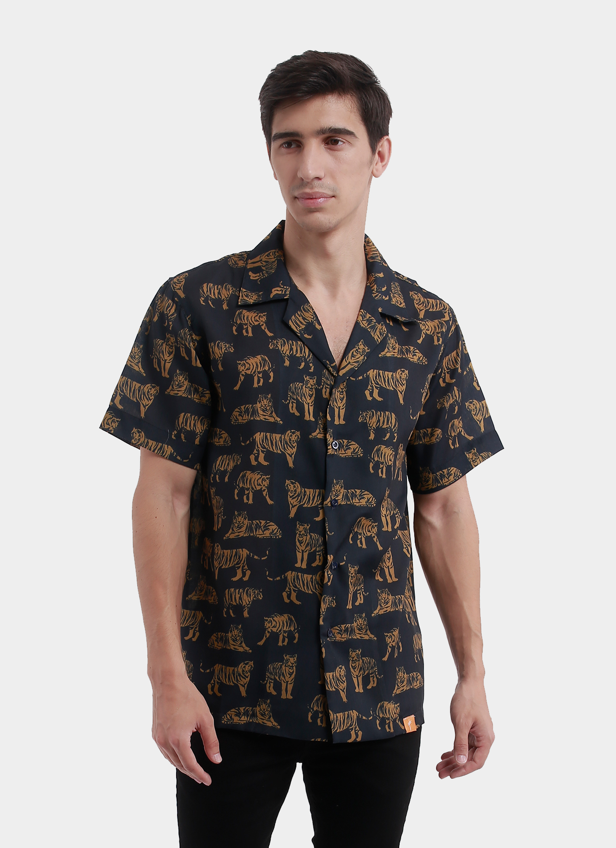 Product Men - Shirts - Tigers Pattern Cuban Shirt Navy Blue | Monstore